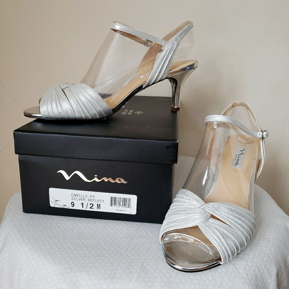 Silver lame leather evening heels shoes